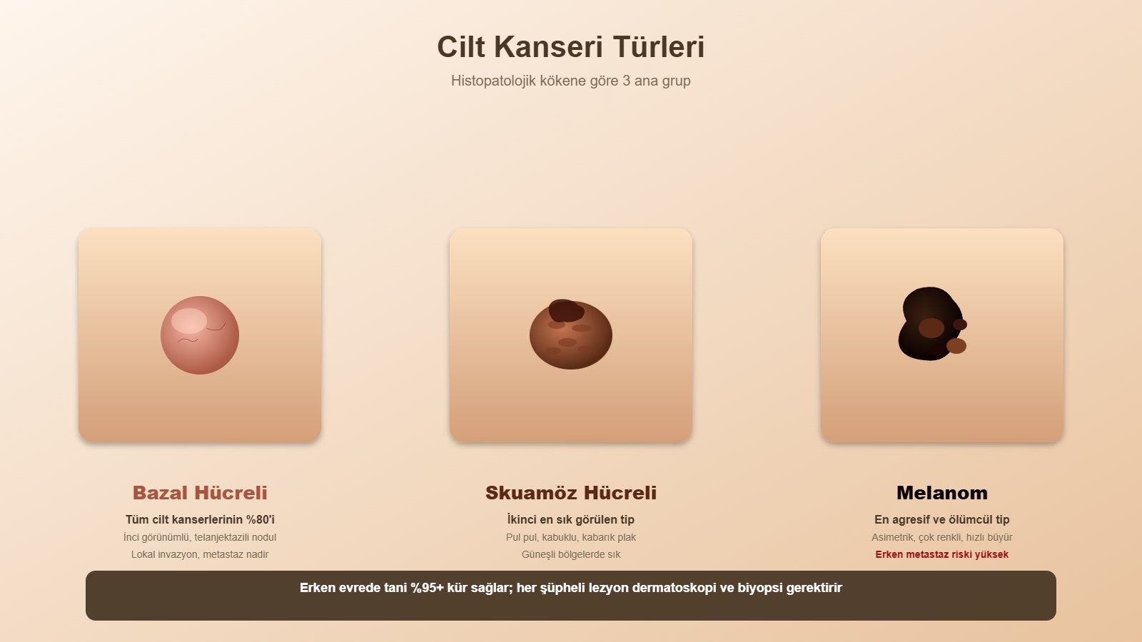 Cilt kanseri türleri: bazal hücreli, skuamöz hücreli ve melanom karşılaştırması
